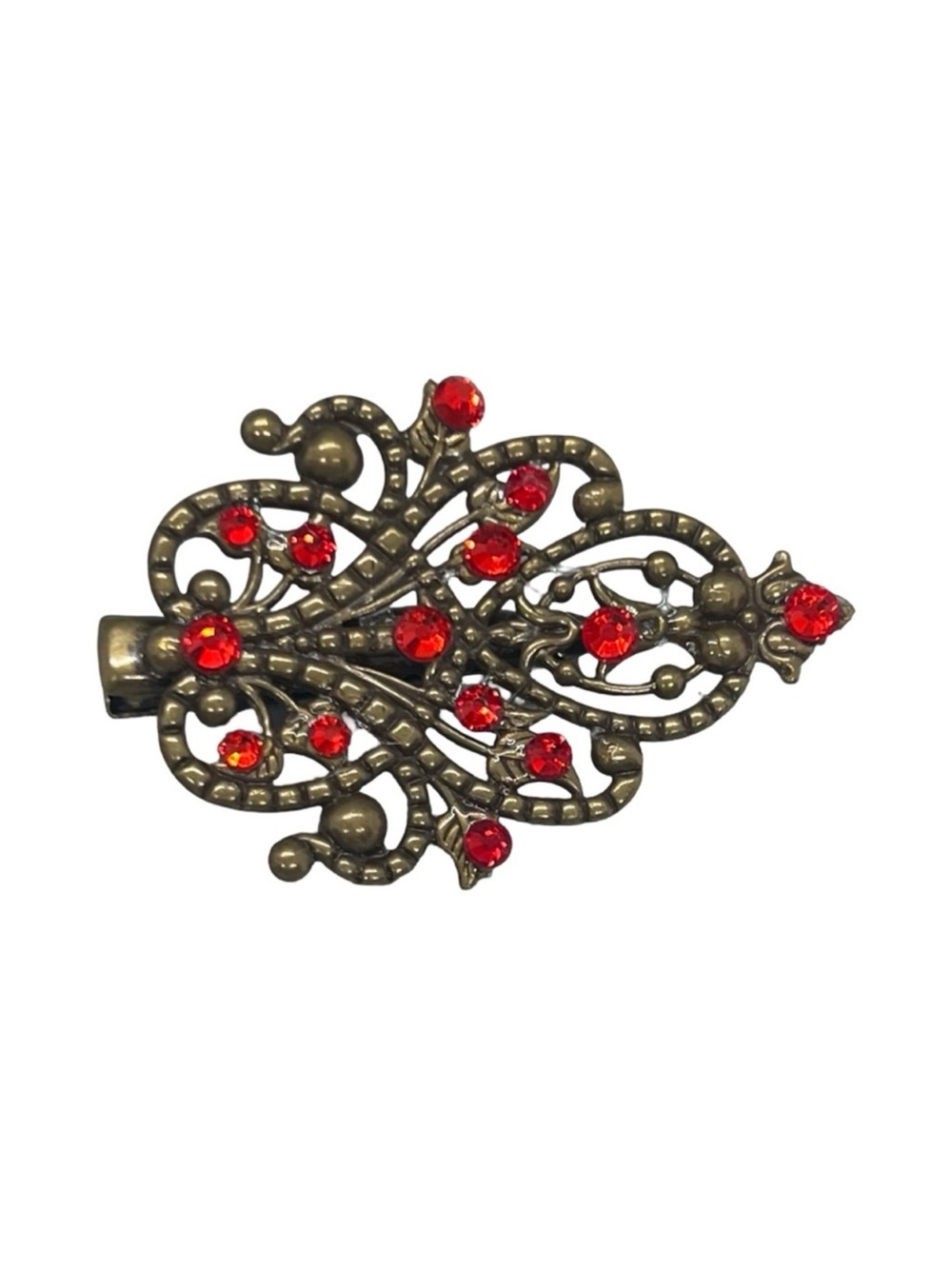 Antique Brass Filigree Brooch with Red Rhinestones FINAL PRICE DROP